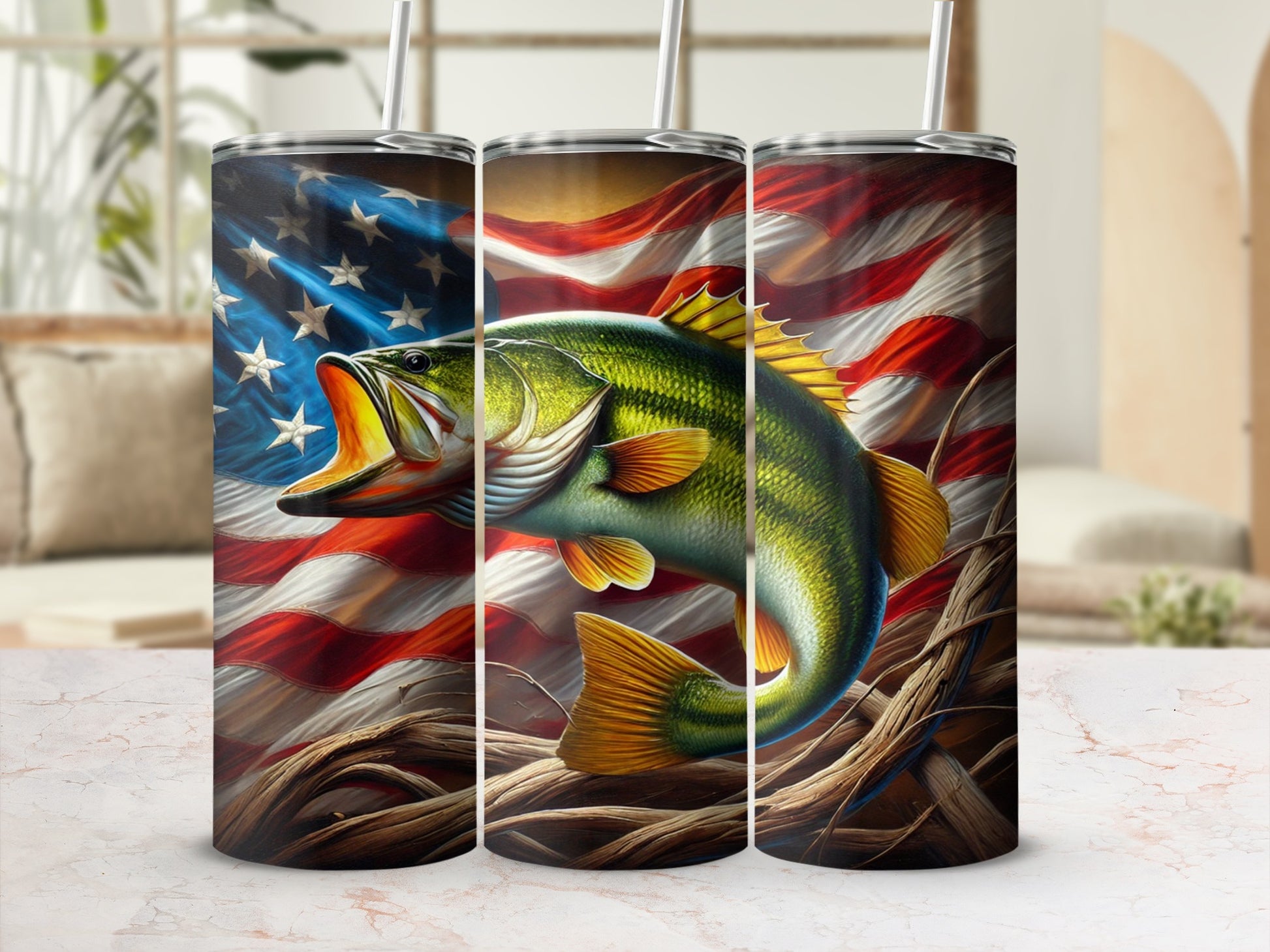 Patriotic Bass Fish on American Flag Tumbler product
