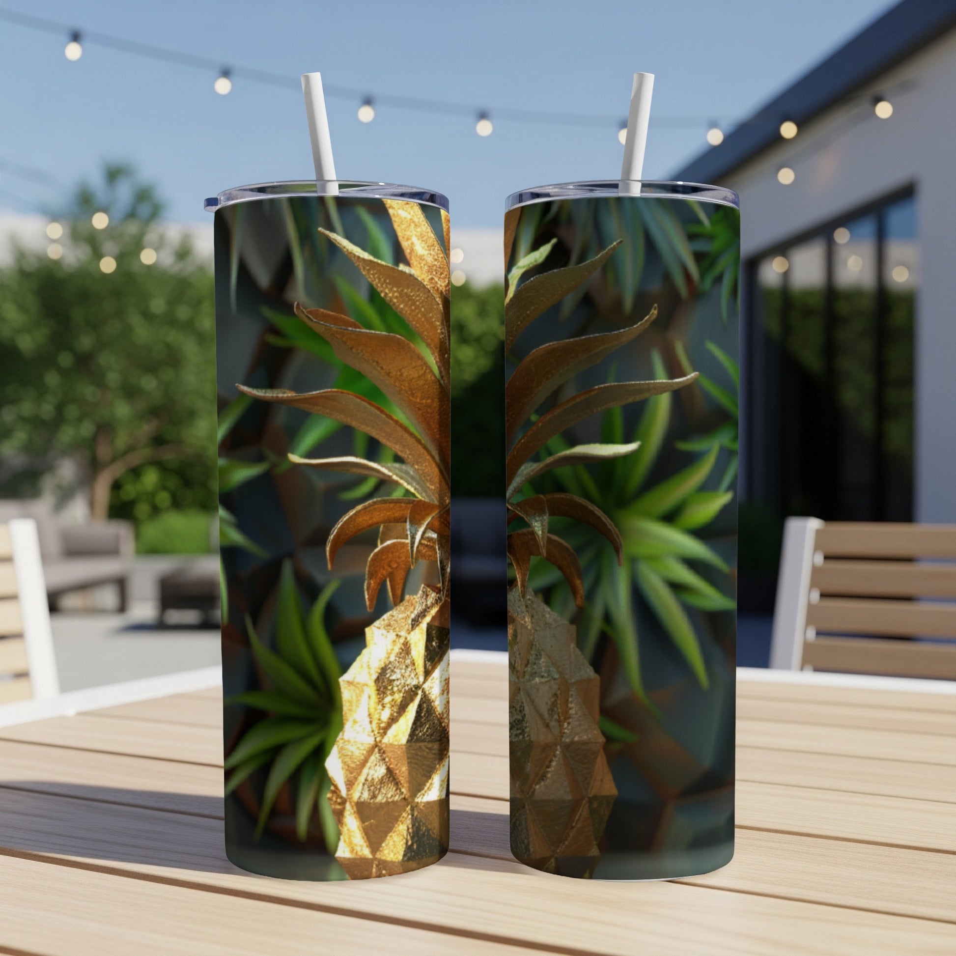 Two gold pineapple tumblers with straws on a wooden table.
