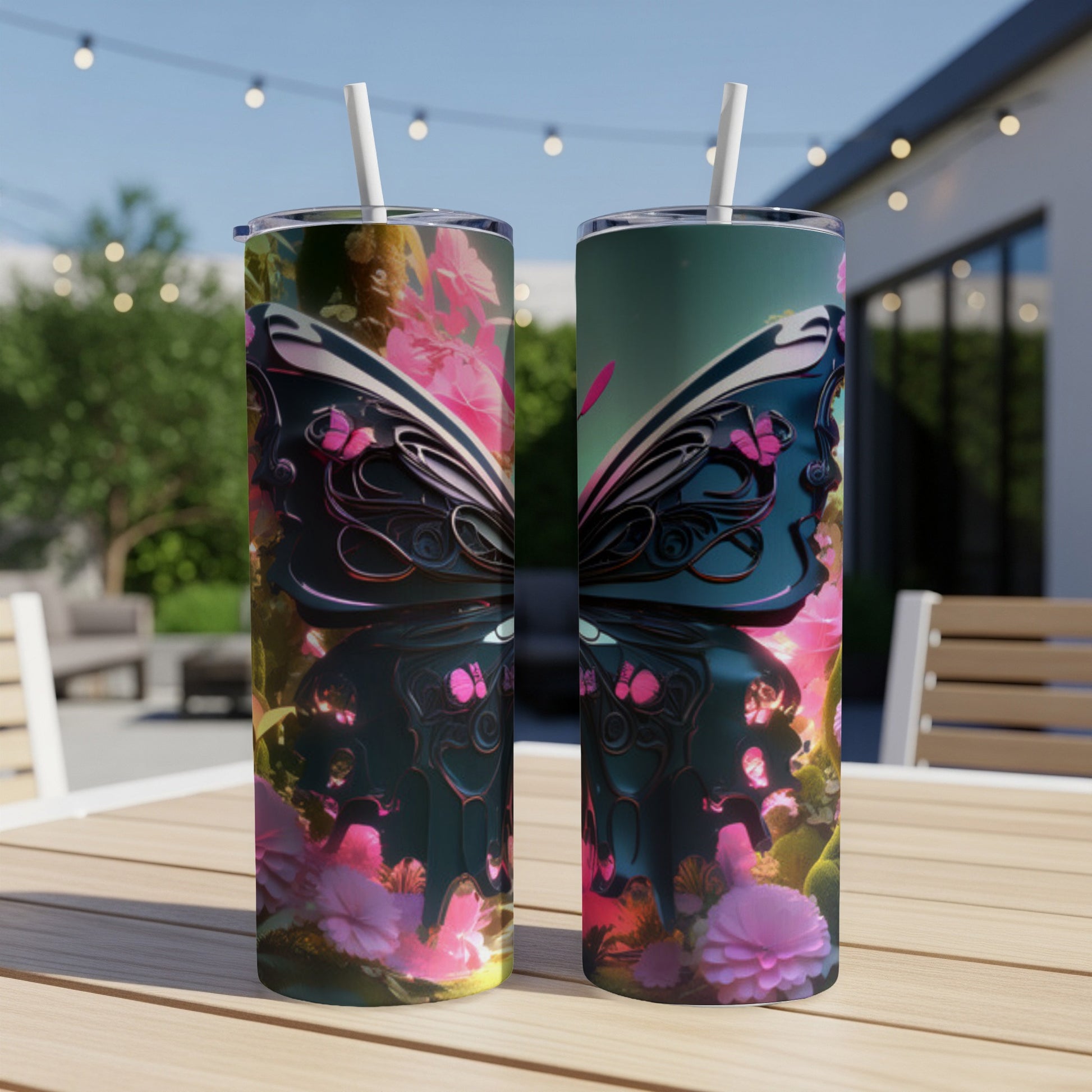 Two tumblers with iridescent butterfly wings and floral design.