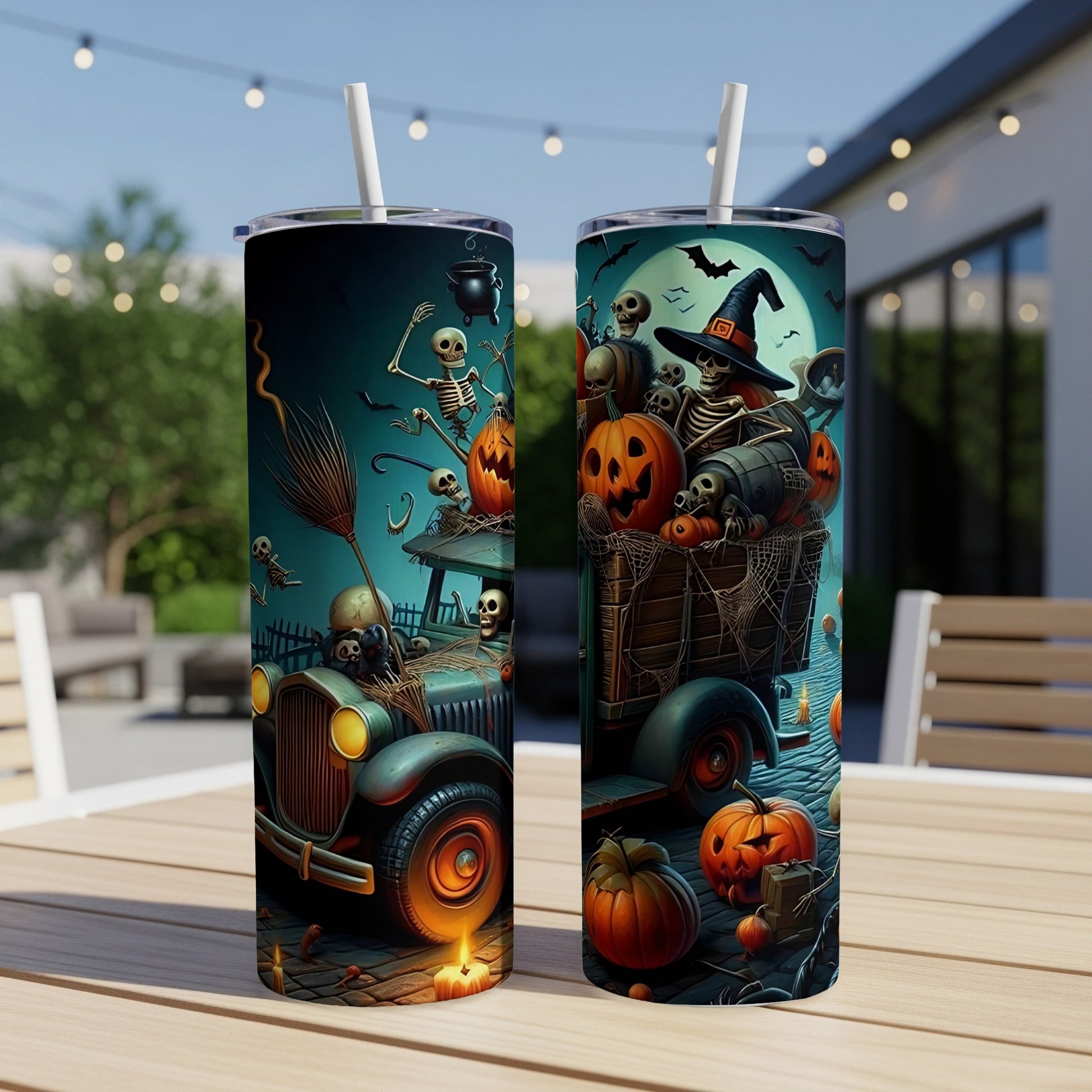 Two tumblers with a Halloween theme featuring skeletons, pumpkins, and a vintage car.