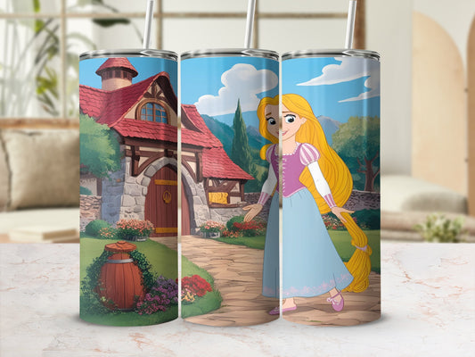 Rapunzel from Tangled in front of her tower home.