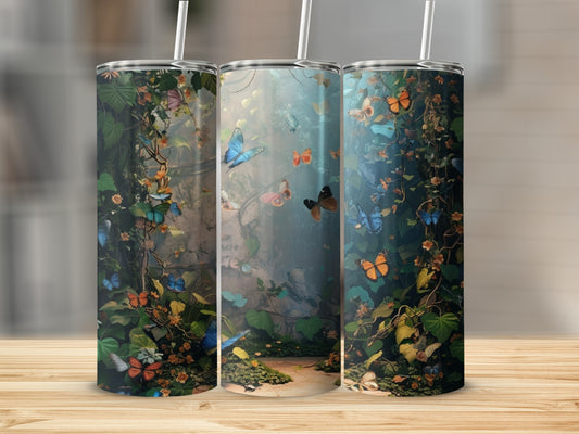 Three tumblers with a vibrant forest and butterfly scene.