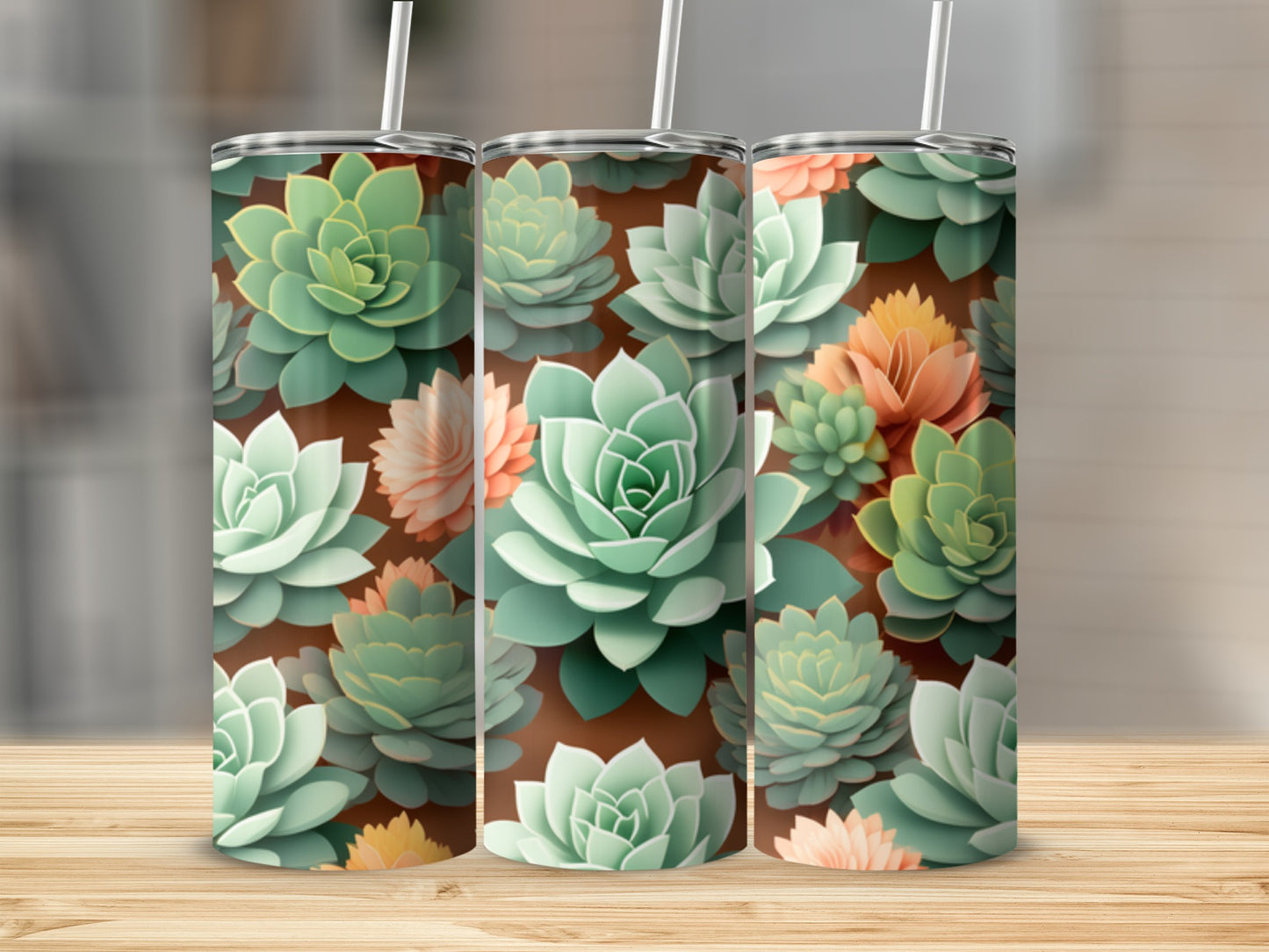 Three tumblers with a seamless pattern of light green and coral succulents.