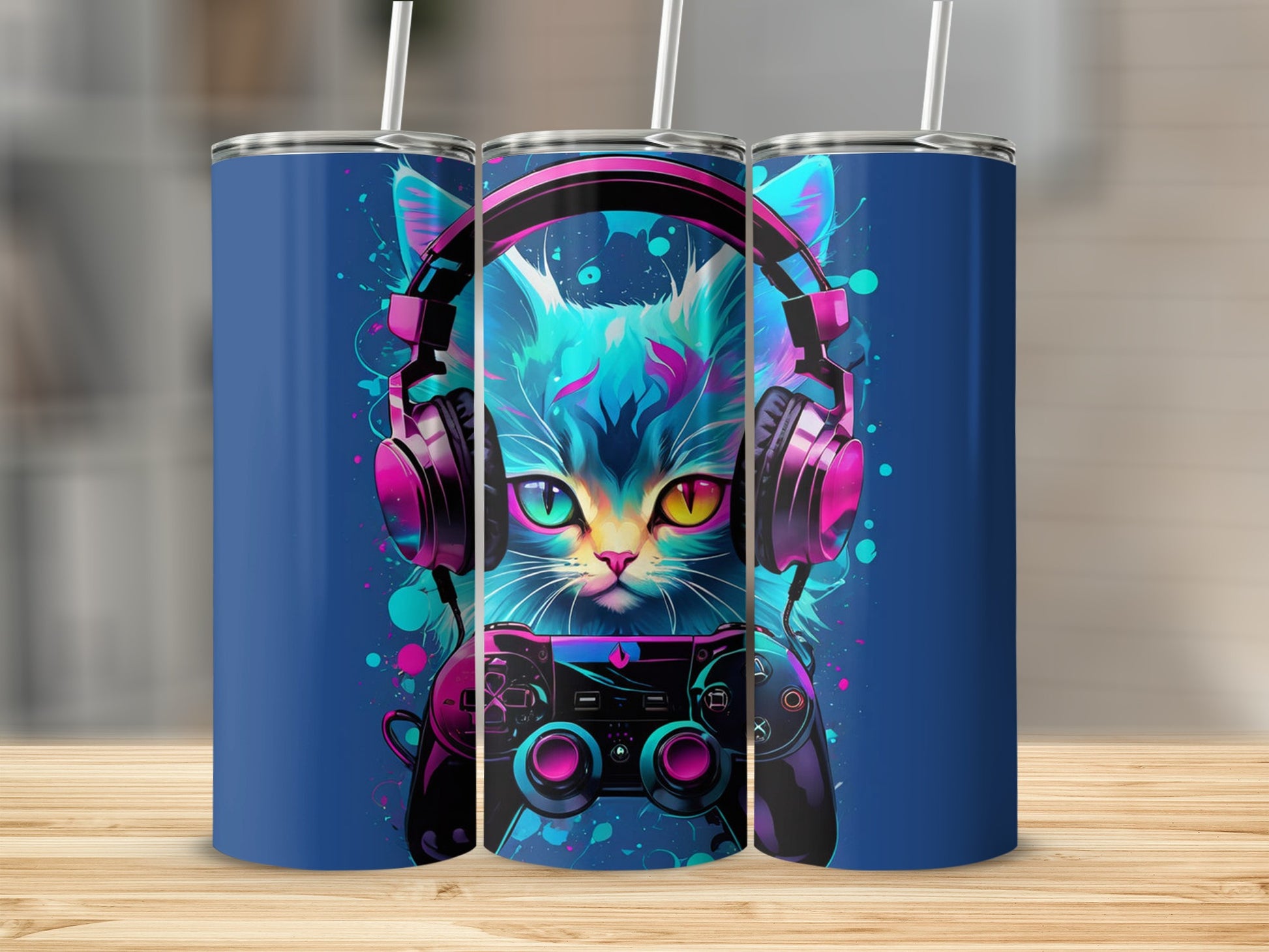 Vibrant Cat With Headphones And Controller Tumbler