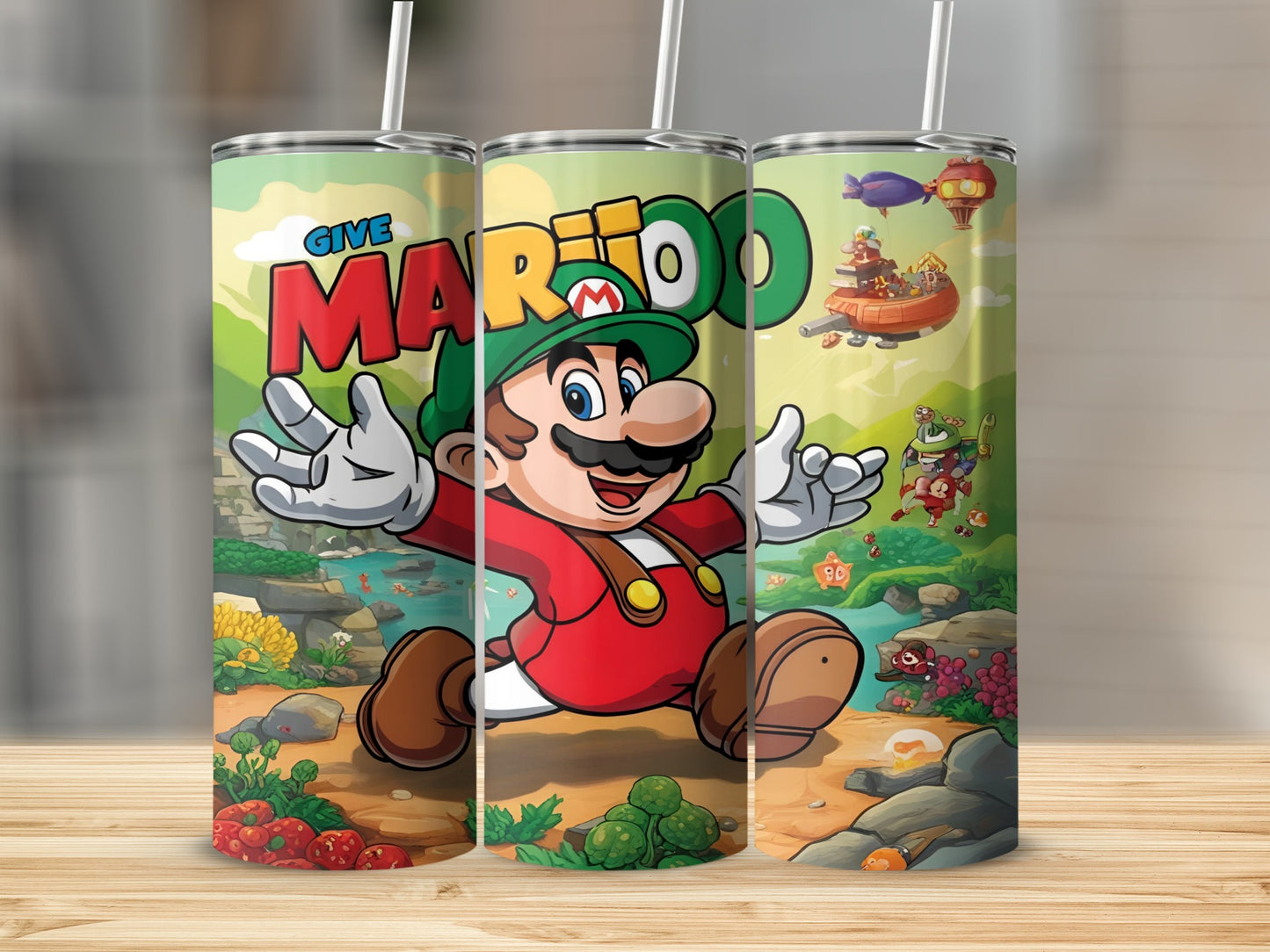 Mario running through a landscape with various characters and items from the game.