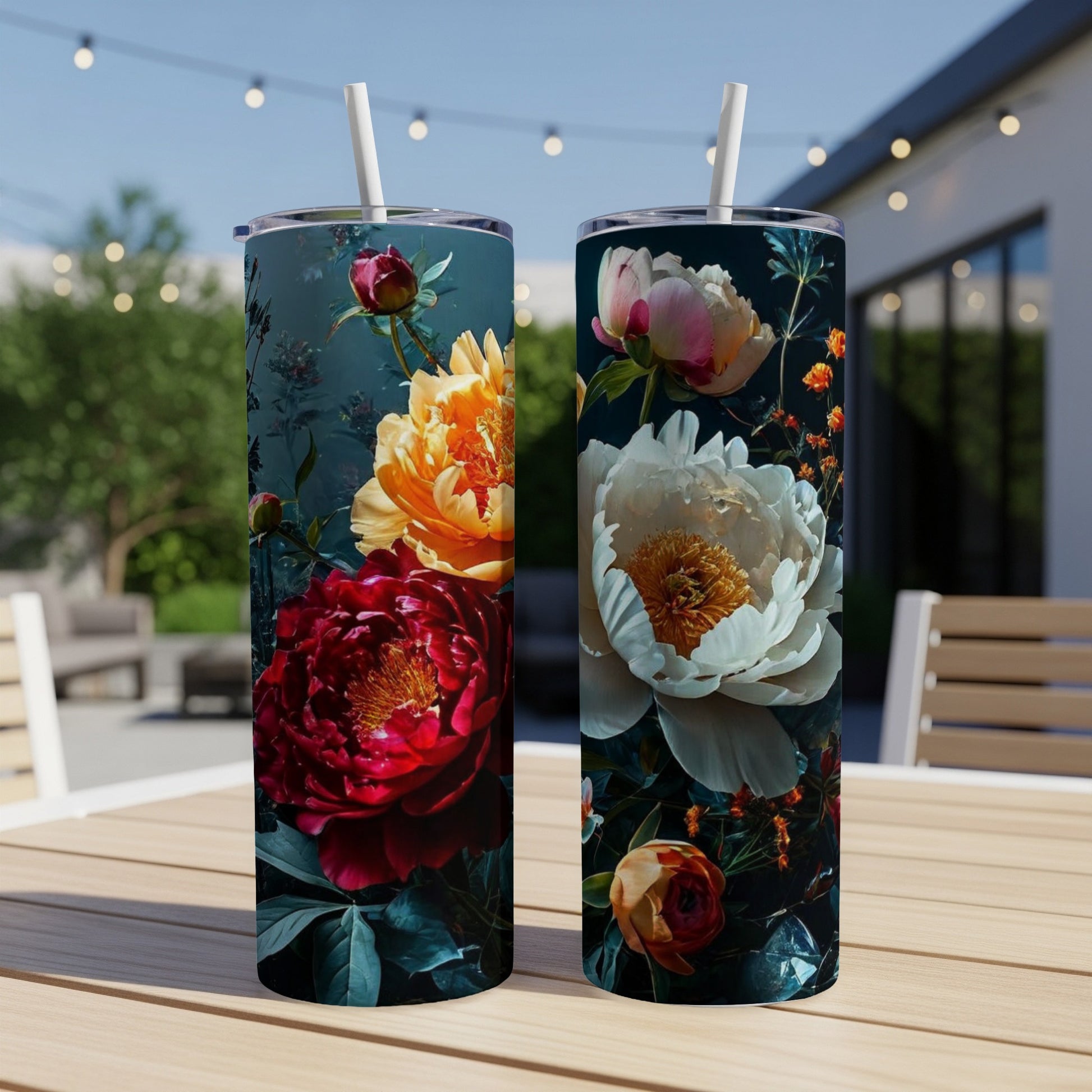 Two tumblers with red, yellow, and white floral designs on a table.