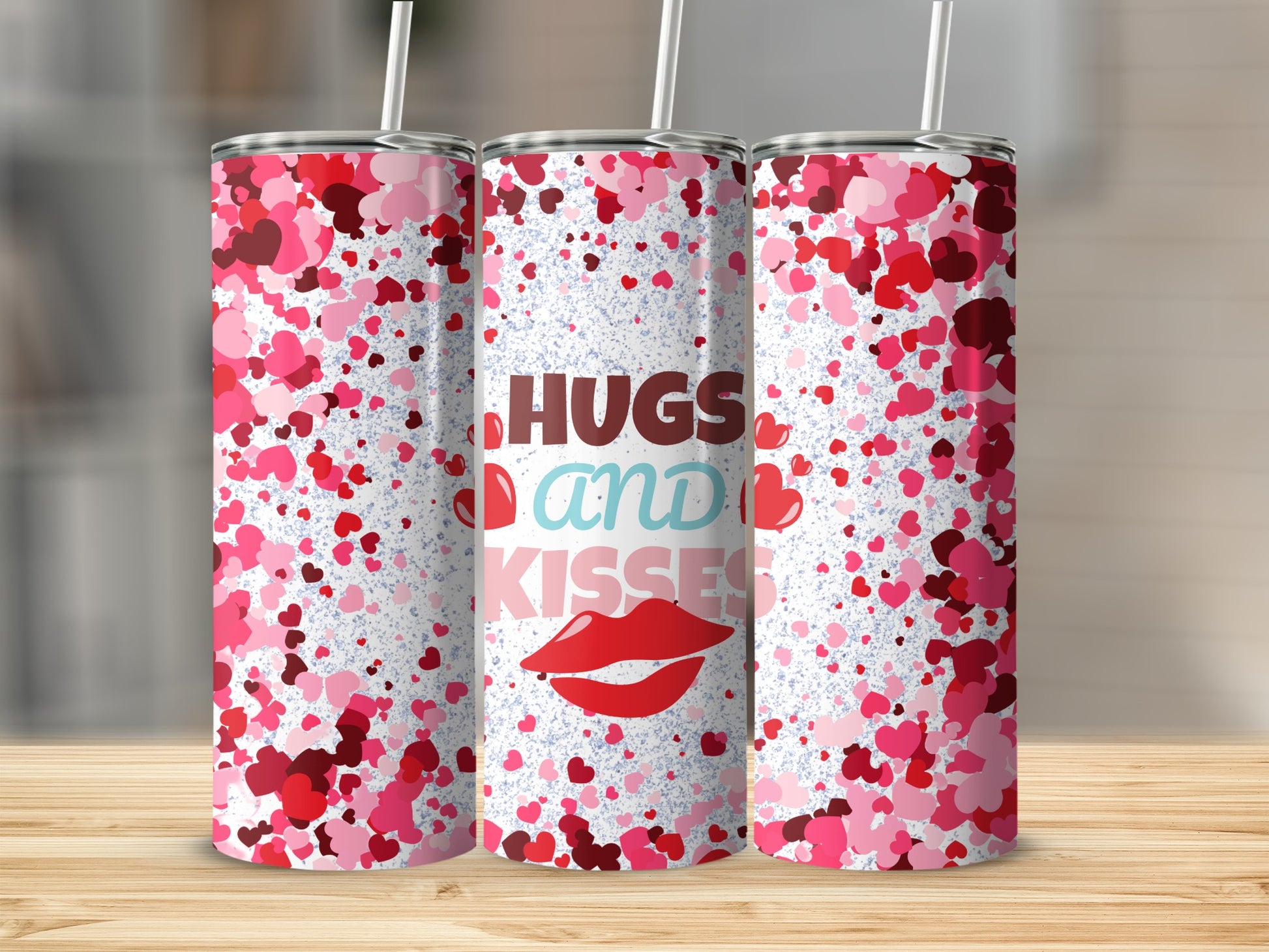 Hugs and Kisses Pink Glittery Tumbler Cup