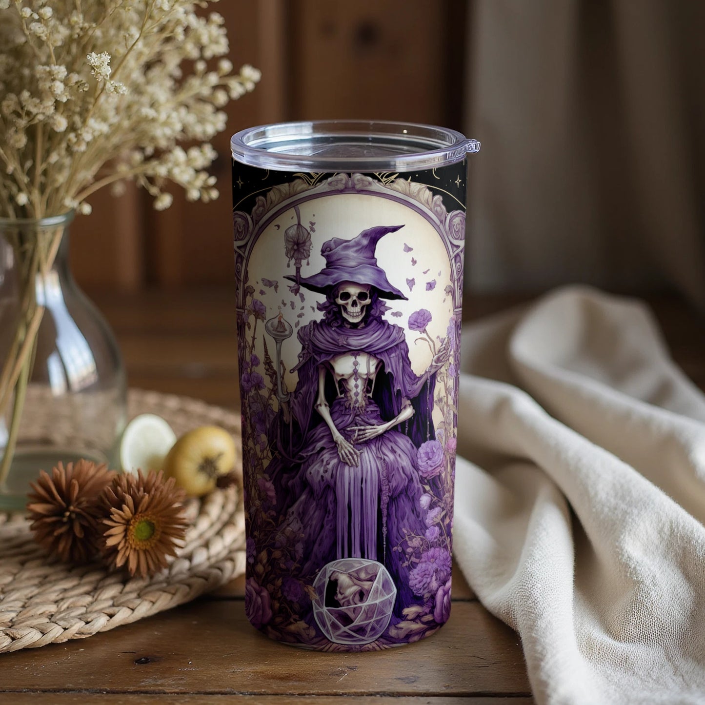 Gothic Skeleton Witch Tumbler with Floral Details