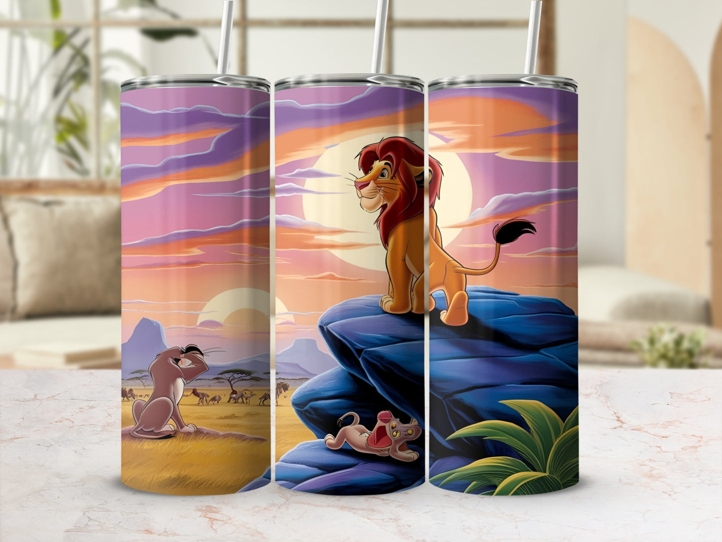 The Lion King characters Simba, Nala, and cub on a sunset savanna landscape.