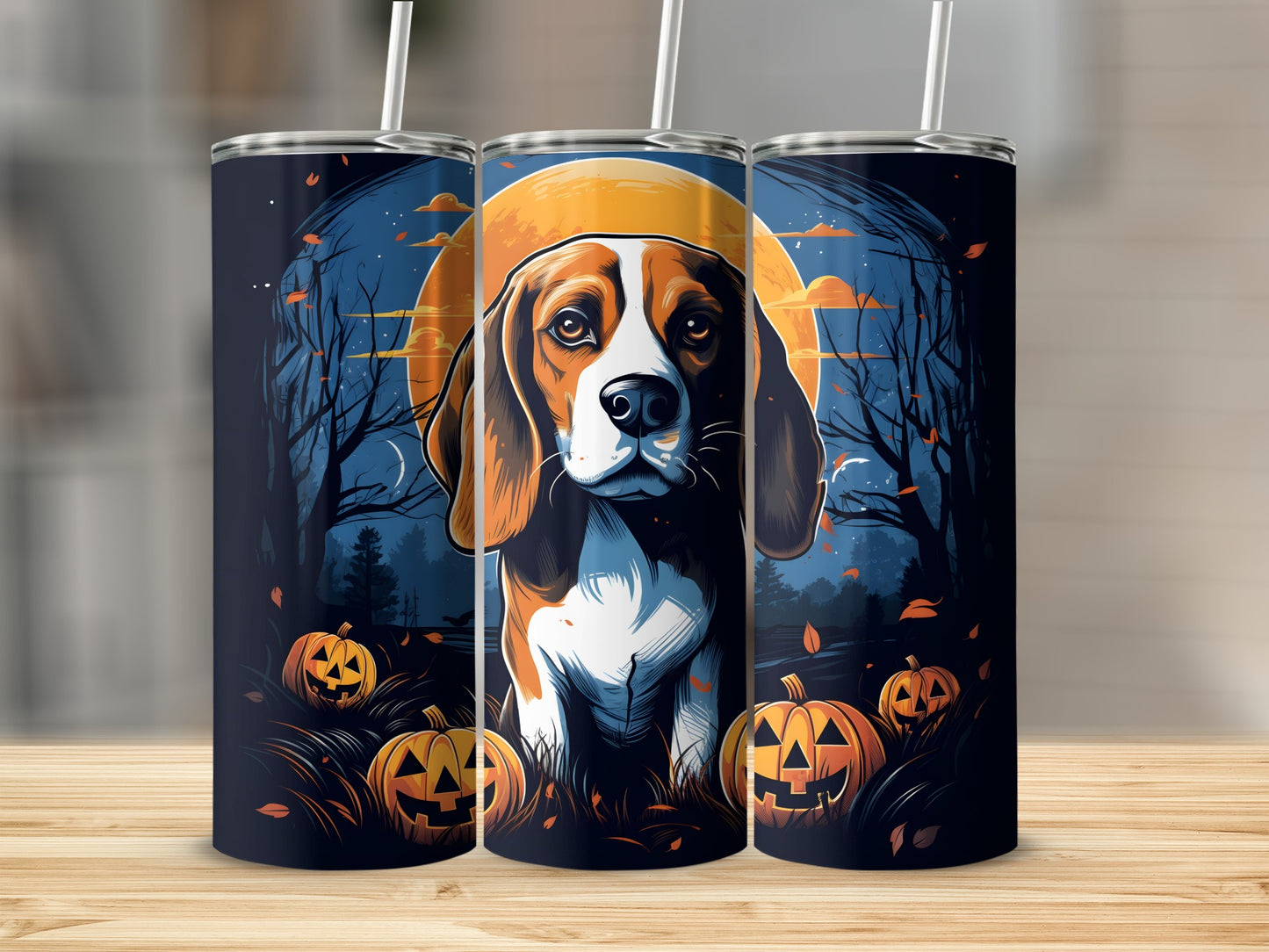 Three tumblers with a Beagle dog in a spooky Halloween forest scene.