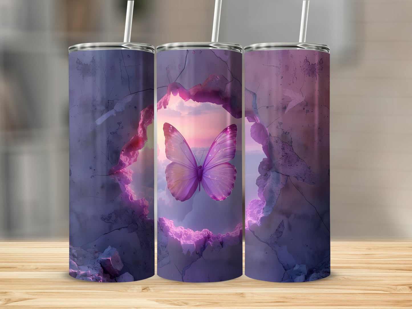 Purple butterfly emerging from a glowing pink and purple portal.