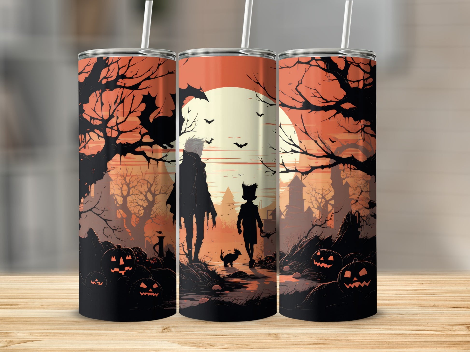 Halloween scene with pumpkins, bats, and silhouetted figures under a large moon.