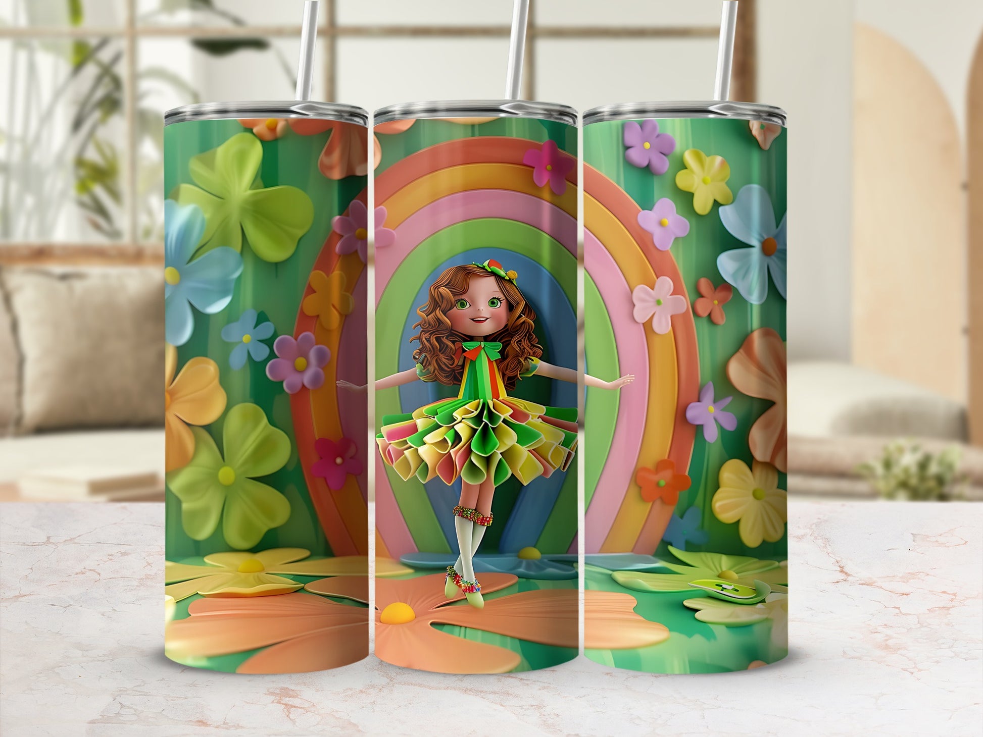 Green tumbler with rainbow, flowers, and a dancing girl.