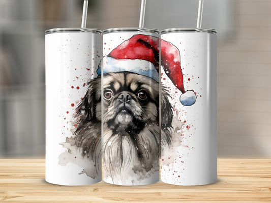 Watercolor pekingese dog wearing a Santa hat, displayed on three tumblers.
