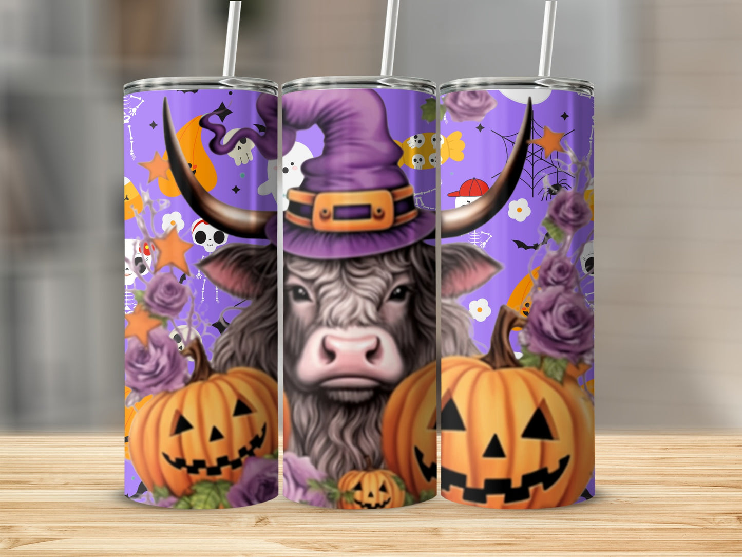 Halloween Cow with Pumpkin Pattern Tumbler Cup