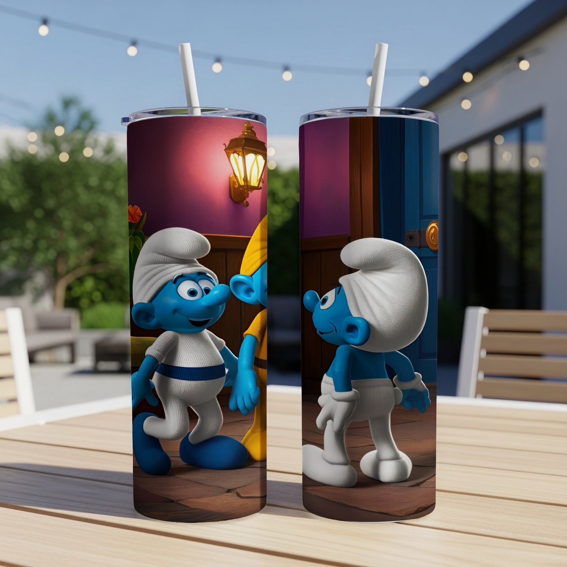 Smurfs Papa Smurf and Brainy Smurf on a blue tumbler.