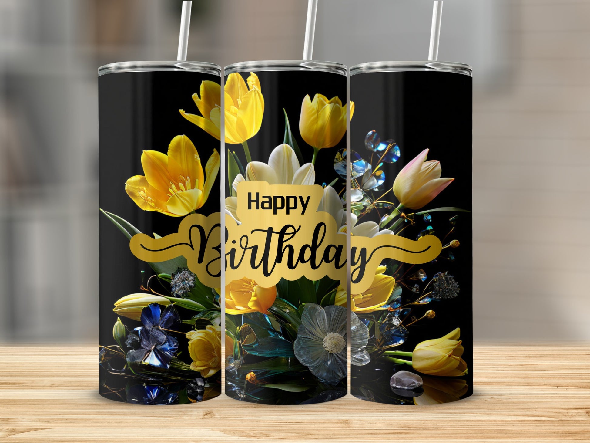 Birthday tumbler with yellow tulips, blue gems, and celebratory text.