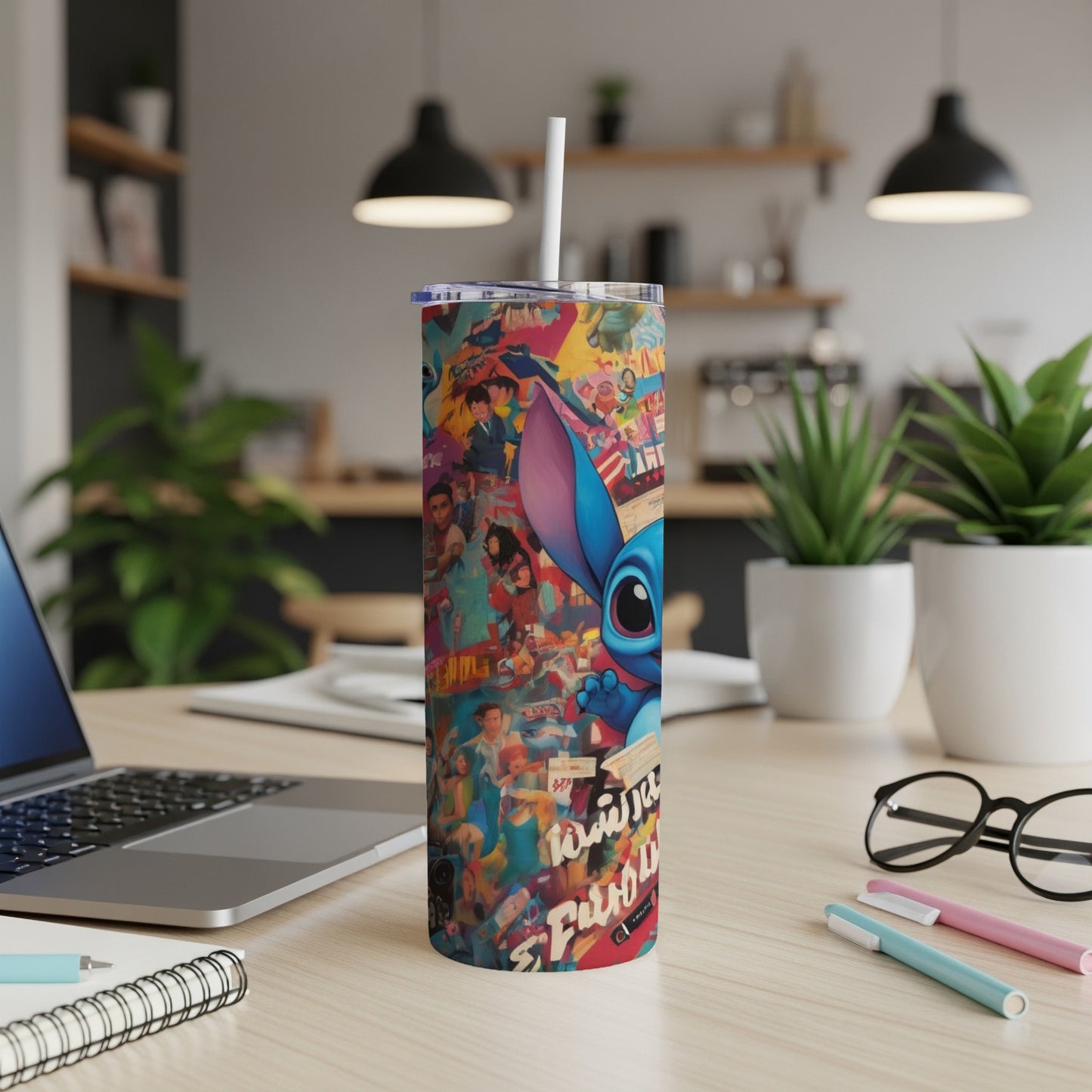 Stitch character artwork on a tall, cylindrical tumbler with a straw.