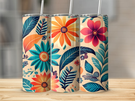 Three tumblers with floral and leaf patterns in warm and cool tones.