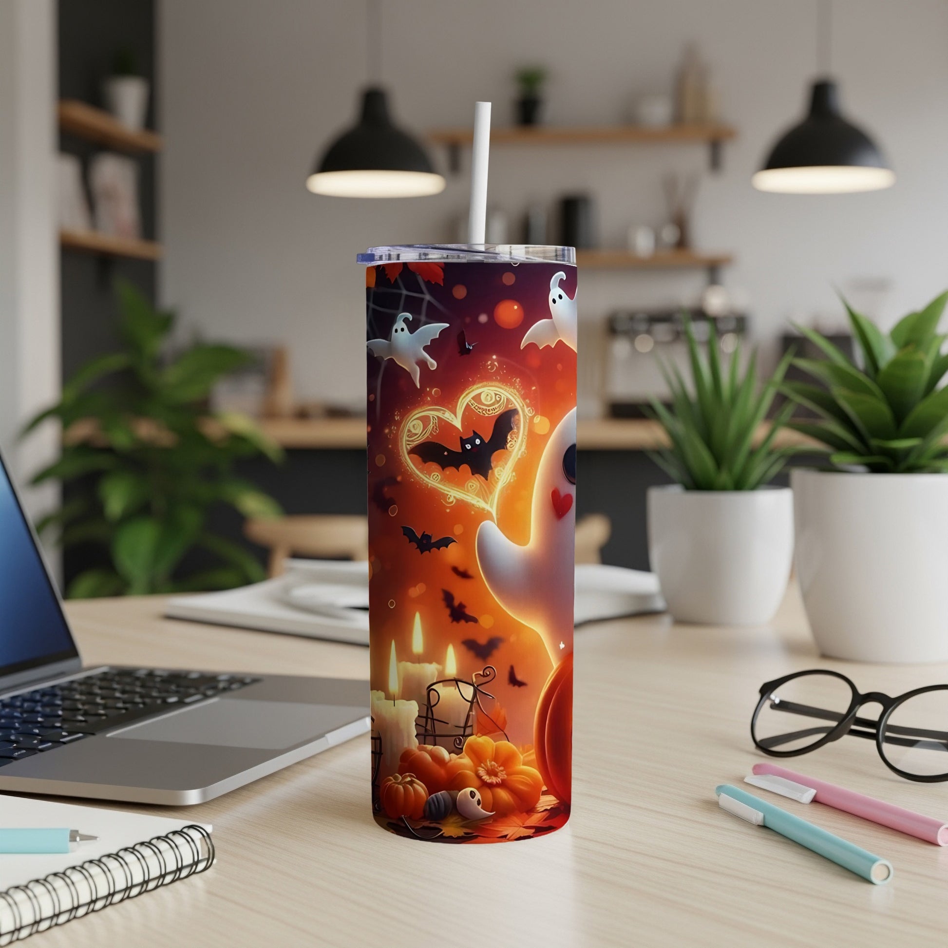 Halloween tumbler with ghosts, bats, pumpkins, and candles design.