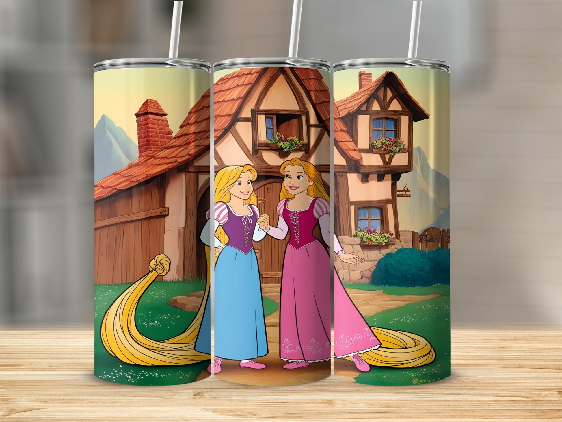 Rapunzel and Eugene stand outside a cottage, holding hands.