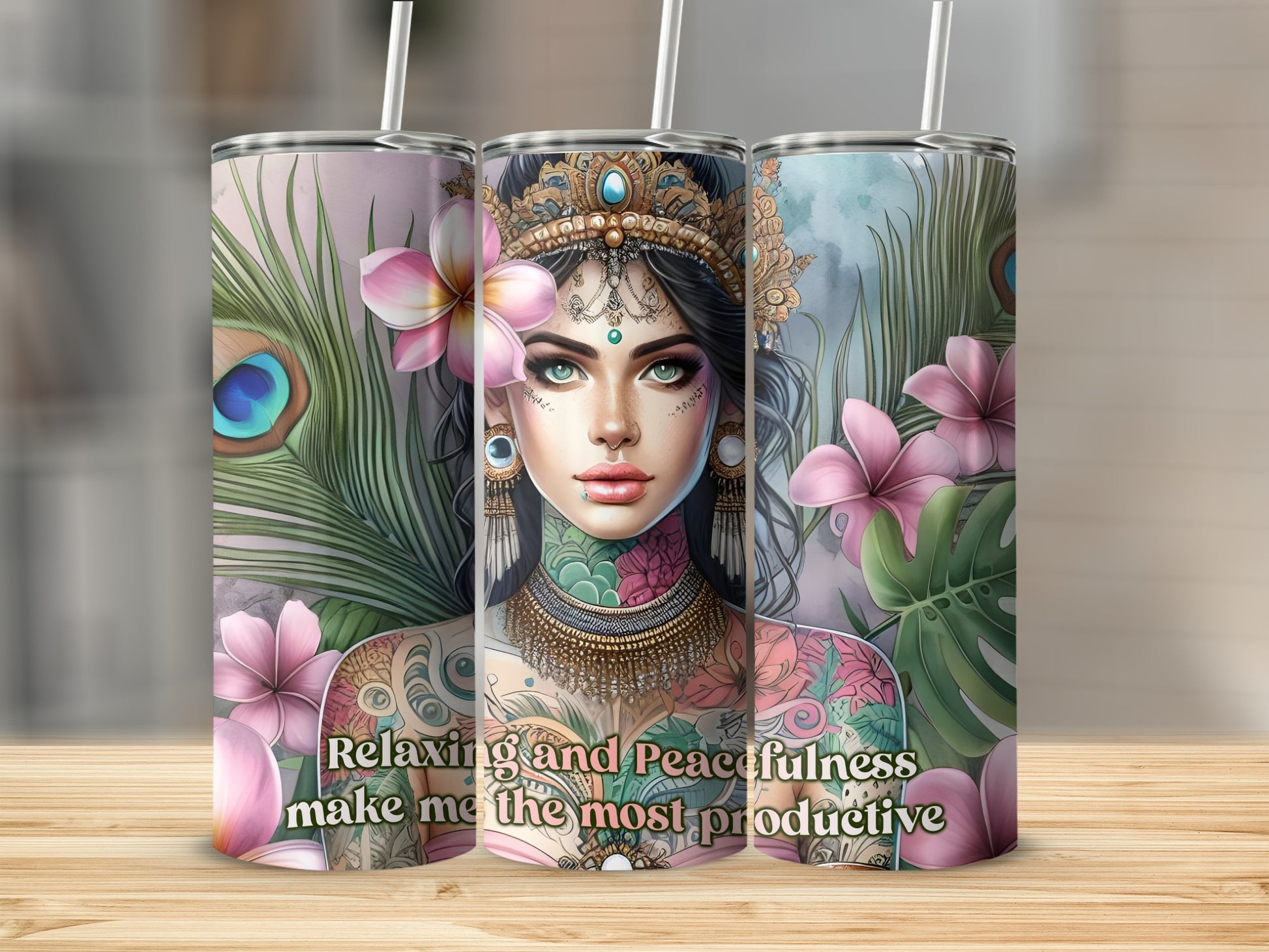 Goddess with peacock feathers and flowers, "Relaxing and Peacefulness Make Me the Most Productive" quote.