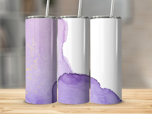 Three tall tumblers with purple watercolor designs and gold splatters.