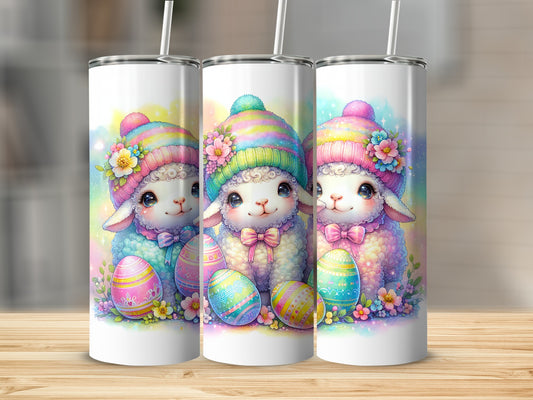 Three cute cartoon sheep with Easter eggs and flowers.