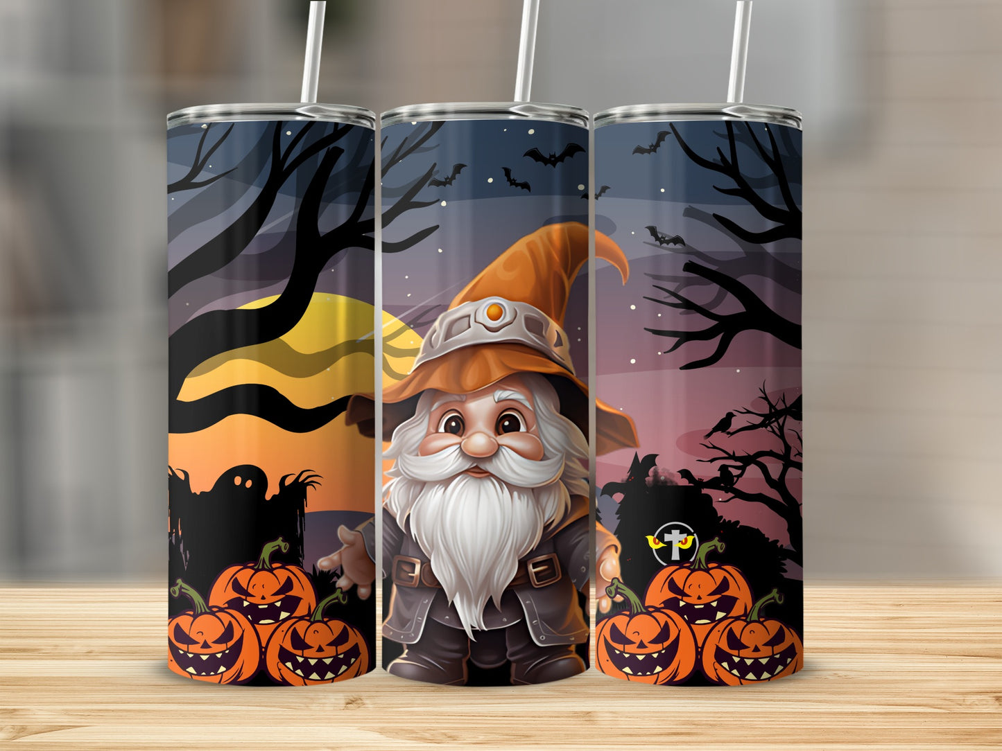 Halloween Gnome with Pumpkins and Bats Tumbler