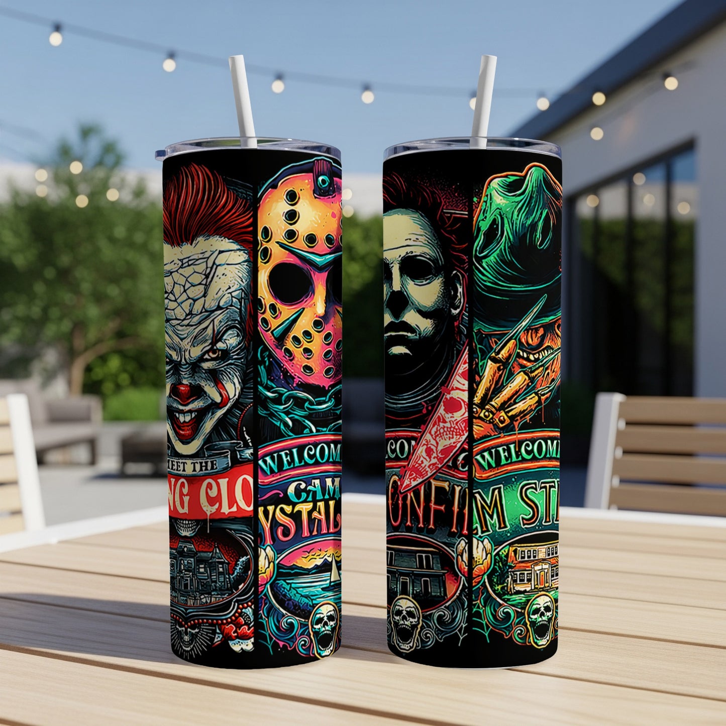 Two tumblers featuring horror movie characters and artwork.