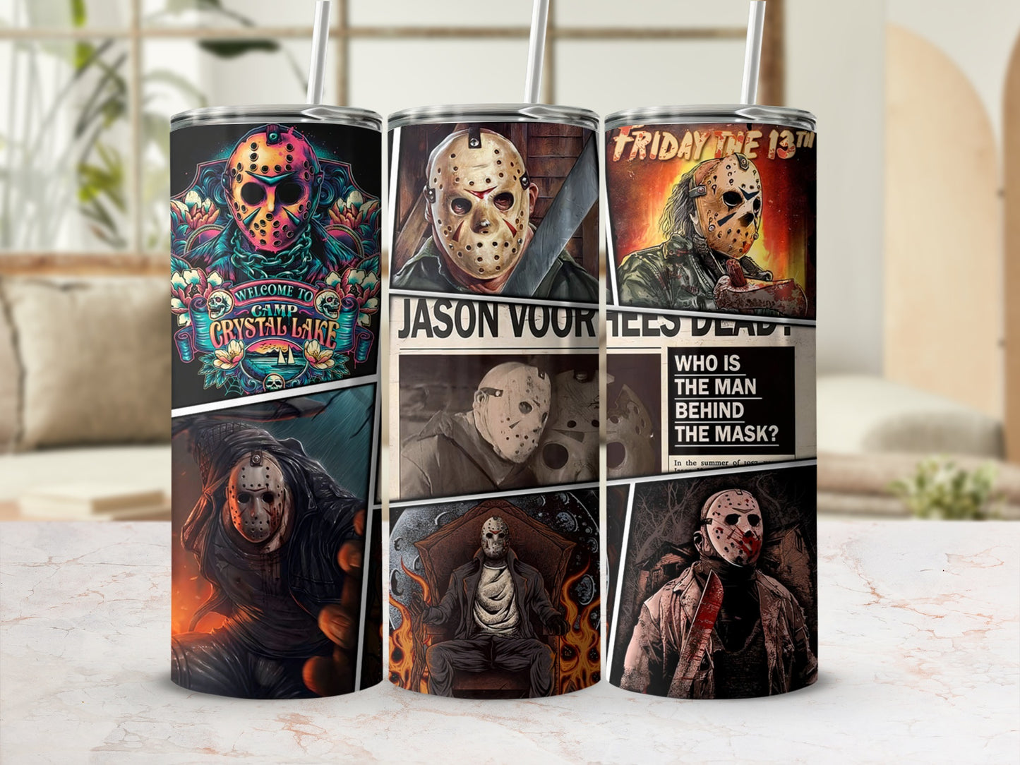 Three tumblers featuring Jason Voorhees artwork and "Friday the 13th" text.