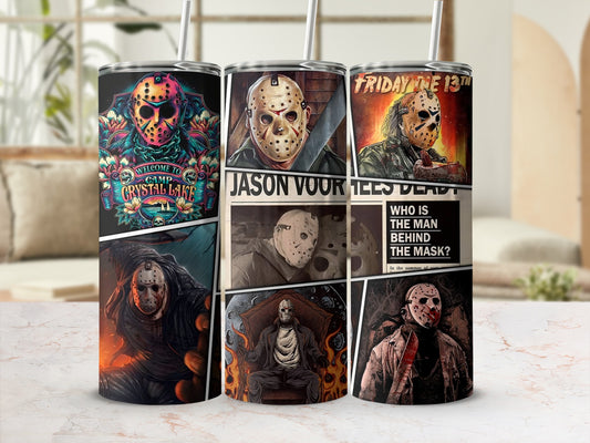 Three tumblers featuring Jason Voorhees artwork and "Friday the 13th" text.