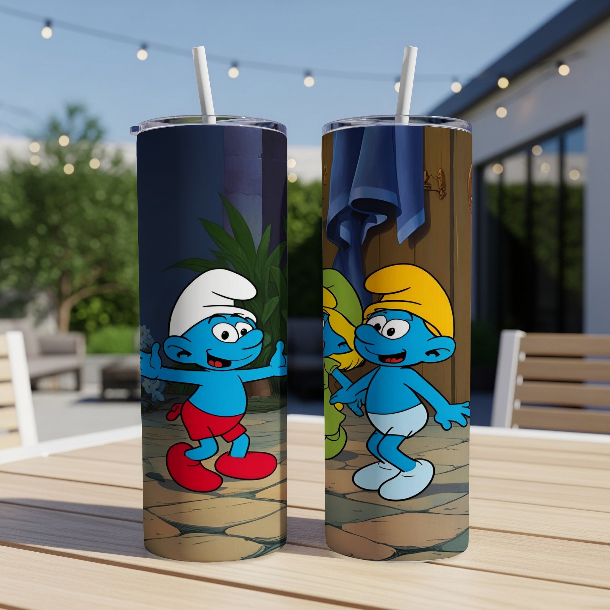 Two Smurfs characters on tall cylindrical tumblers.