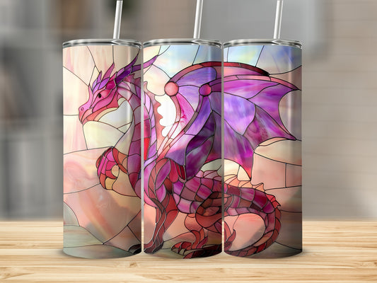 Dragon design on three stainless steel tumblers with straws.