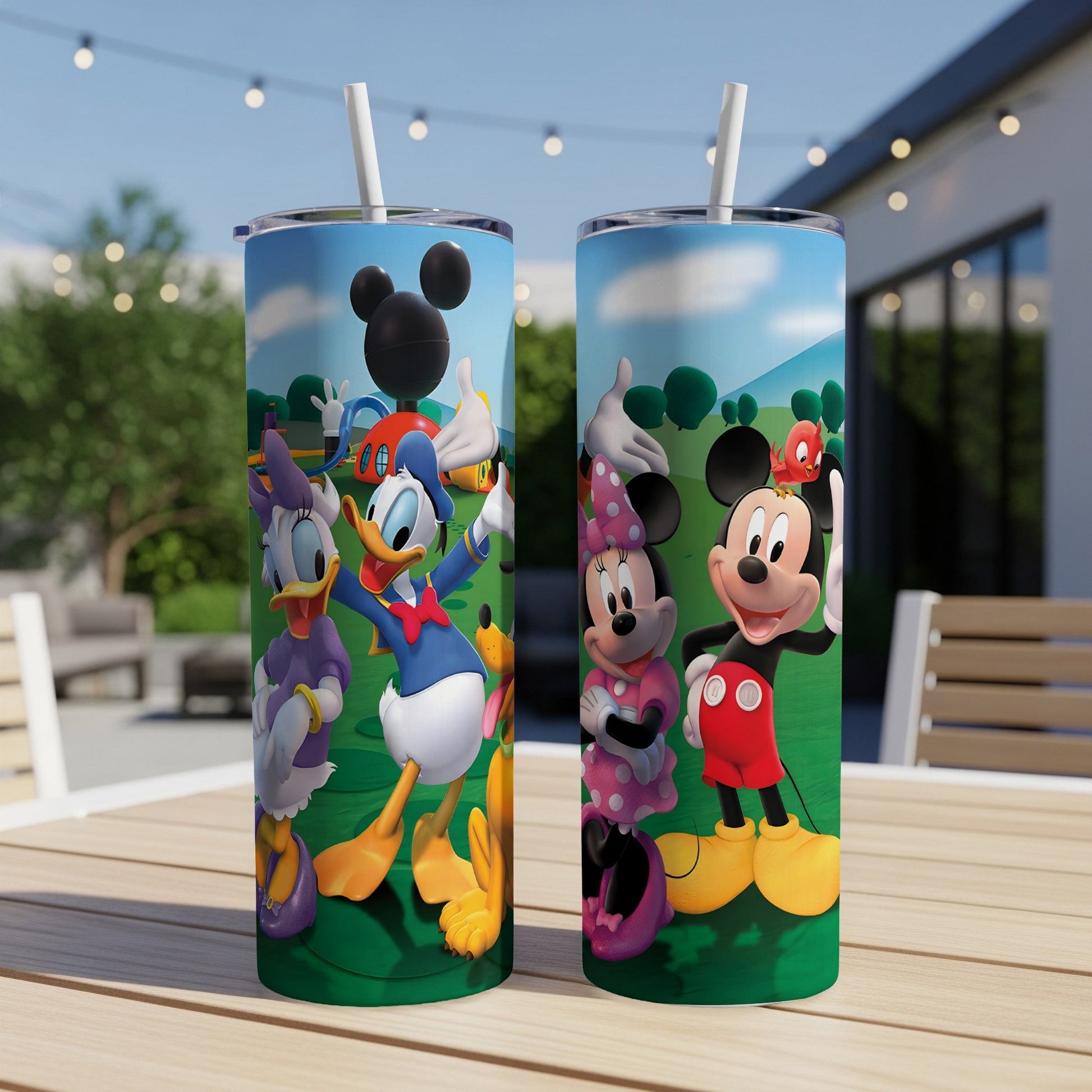 Two tumblers with Disney characters: Mickey Mouse, Minnie Mouse, and Daisy Duck.