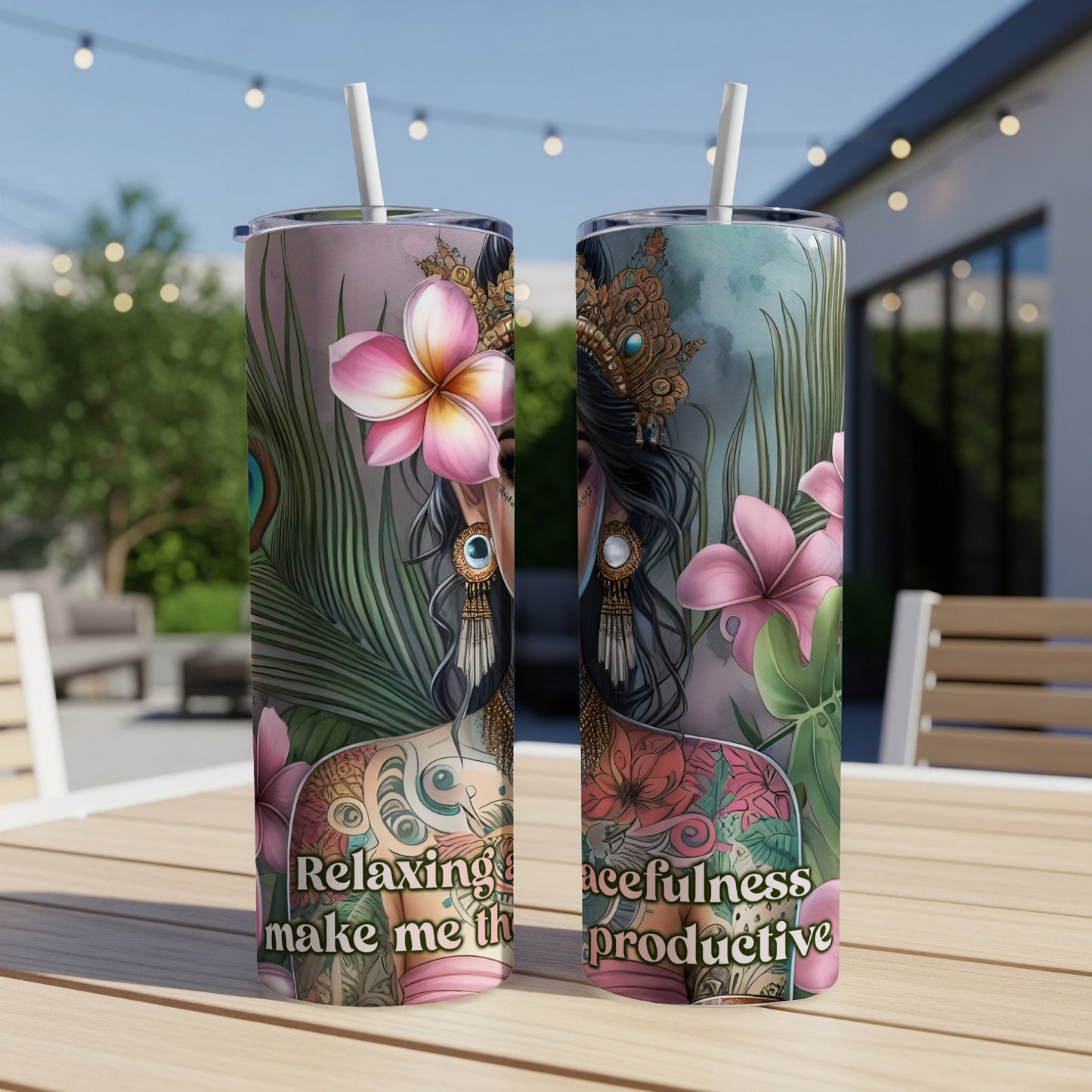 Two tumblers with a woman adorned with flowers and feathers, text reads "Relaxing peacefulness make me the productive".