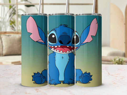 Blue cartoon alien character Stitch smiling from three stacked tumblers.