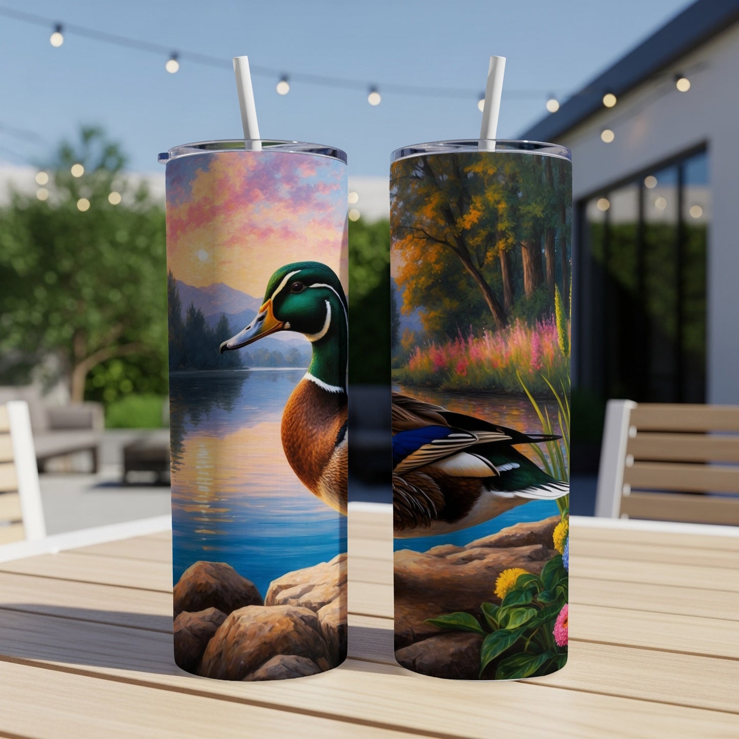Two tumblers with a mallard duck and colorful landscape design.