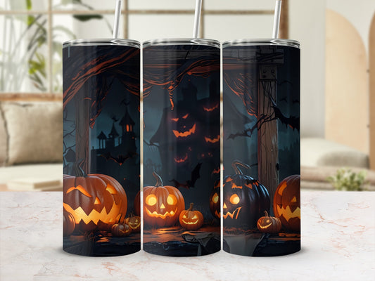 Three tumblers featuring carved glowing jack-o'-lanterns, bats, and spooky haunted houses.