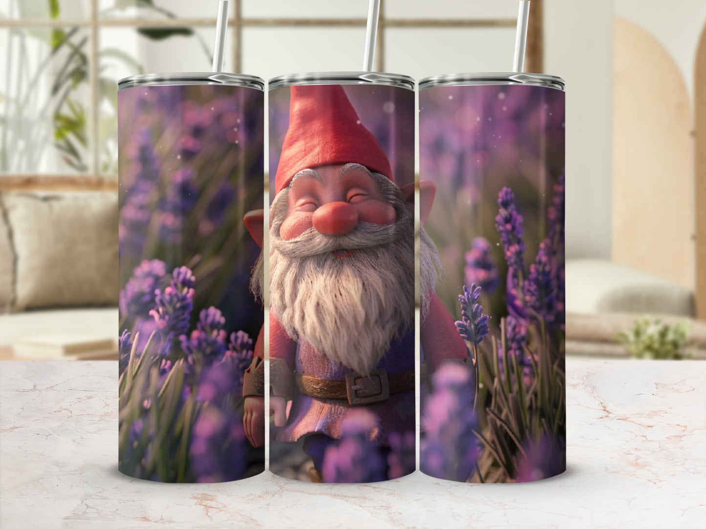 Gnome with closed eyes in lavender field, holding a straw.