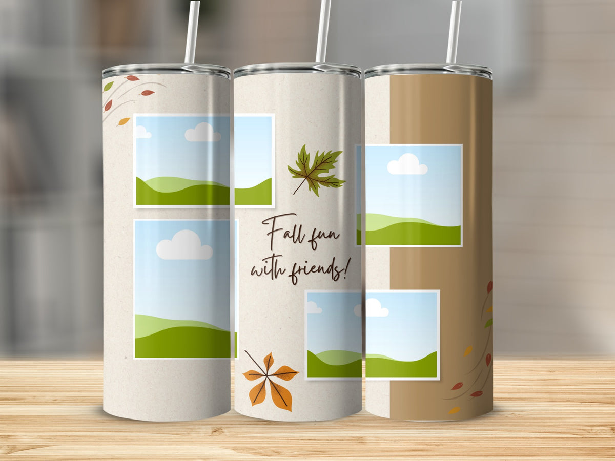 Three tumblers with fall themes, blank photo frames, and "Fall fun with friends" text.