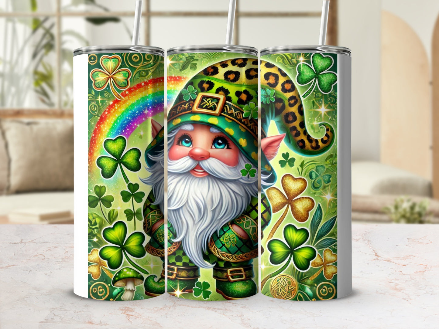 St. Patrick's Day gnome with shamrocks and rainbow on a tumbler.