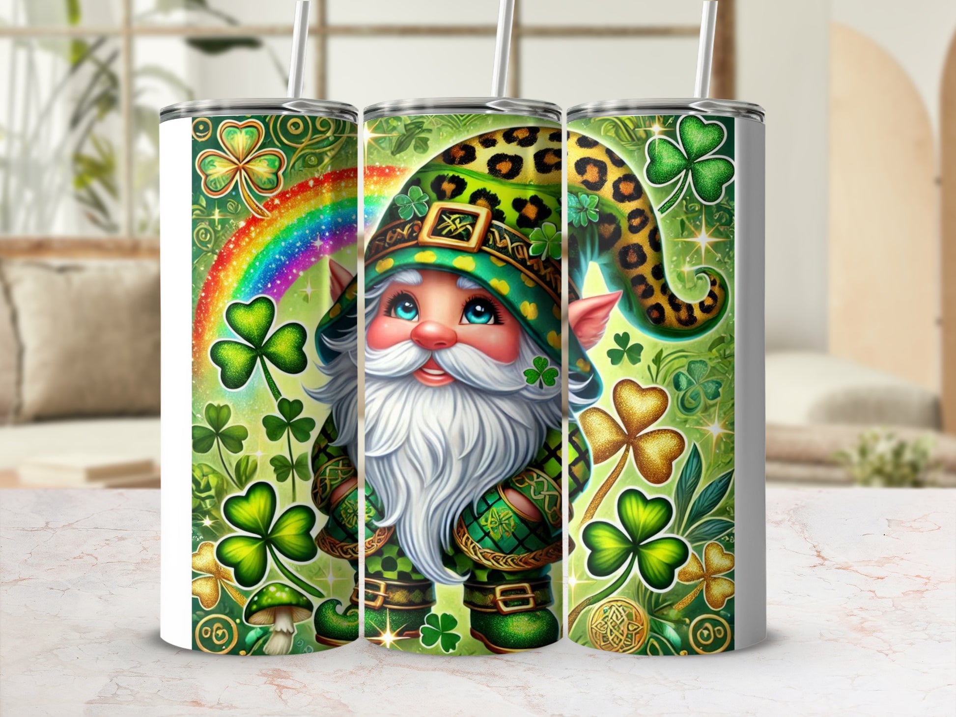 St. Patrick's Day gnome with shamrocks and rainbow on a tumbler.