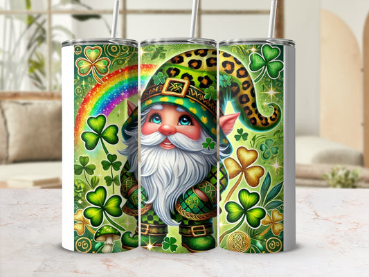 St. Patrick's Day gnome with shamrocks and rainbow on a tumbler.