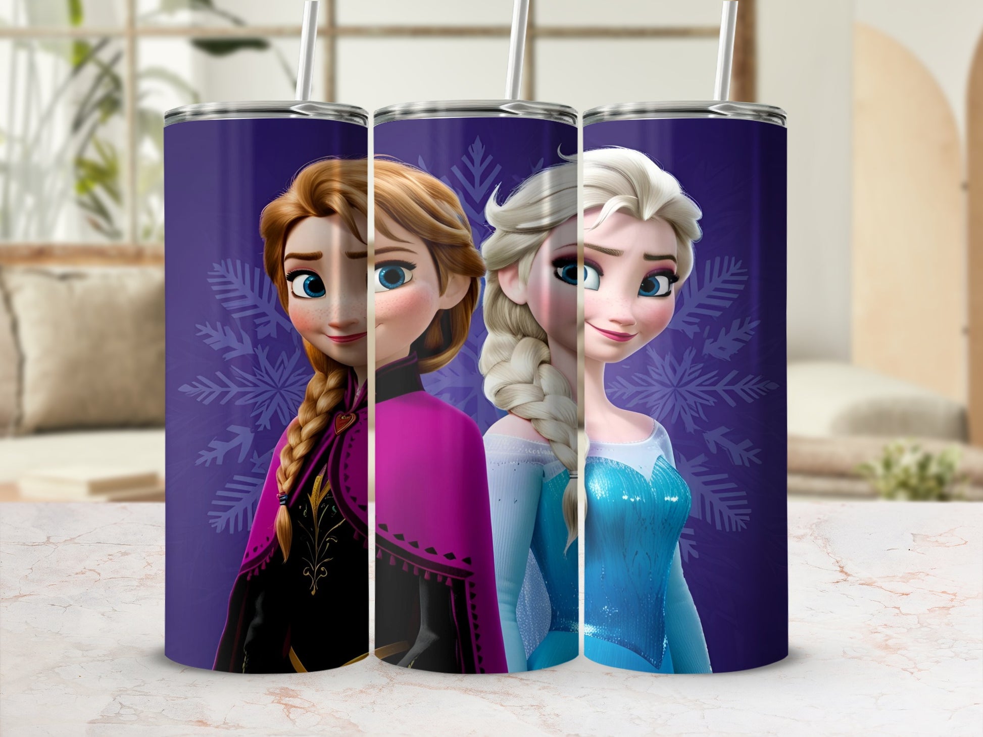 Anna and Elsa from Frozen on a purple tumbler with snowflake background.