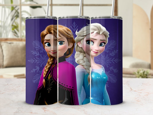 Anna and Elsa from Frozen on a purple tumbler with snowflake background.