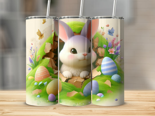 Easter bunny emerging from cracked egg surrounded by painted eggs and spring flowers.