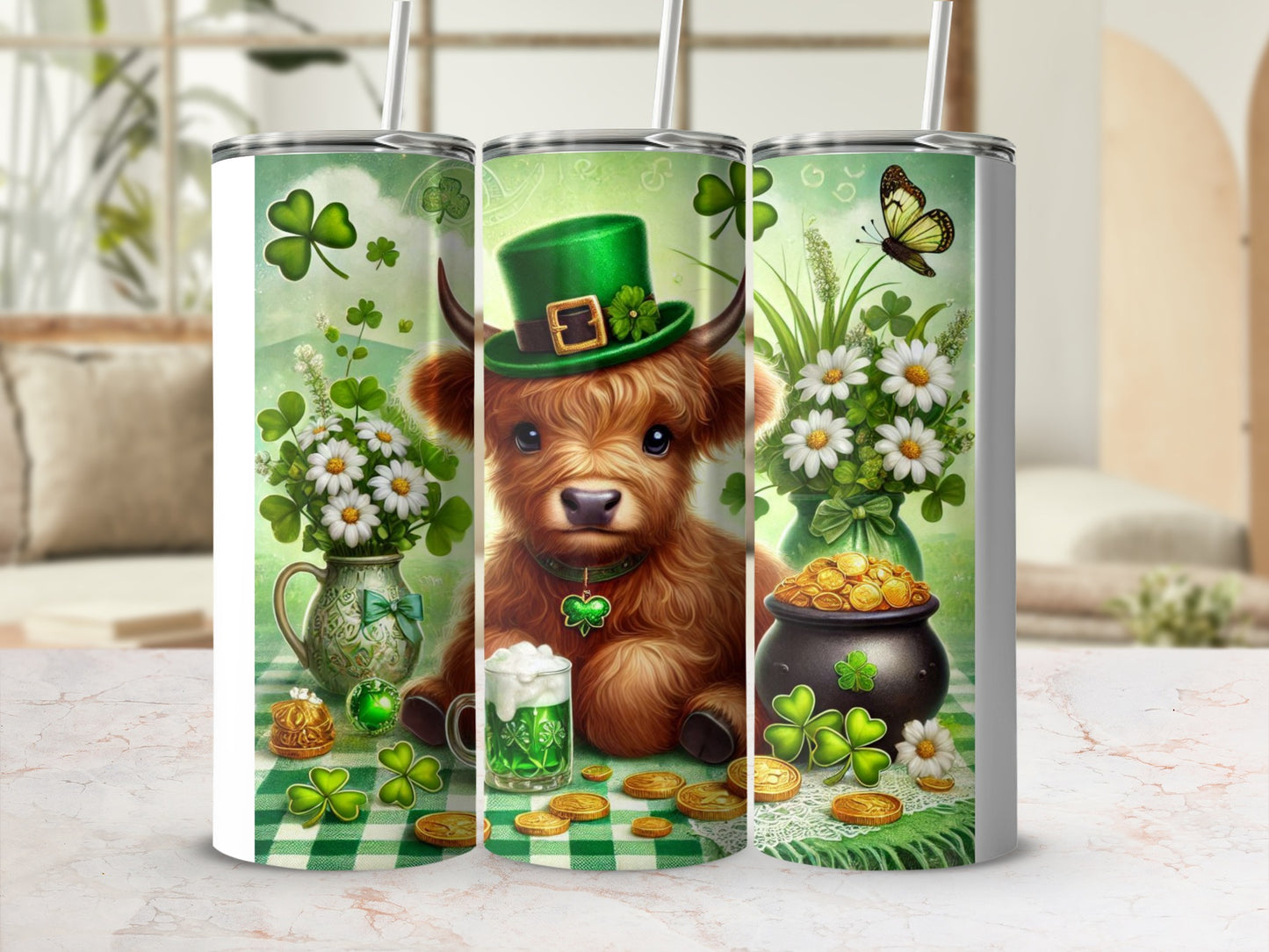 Highland cow in green hat with shamrocks and pot of gold.