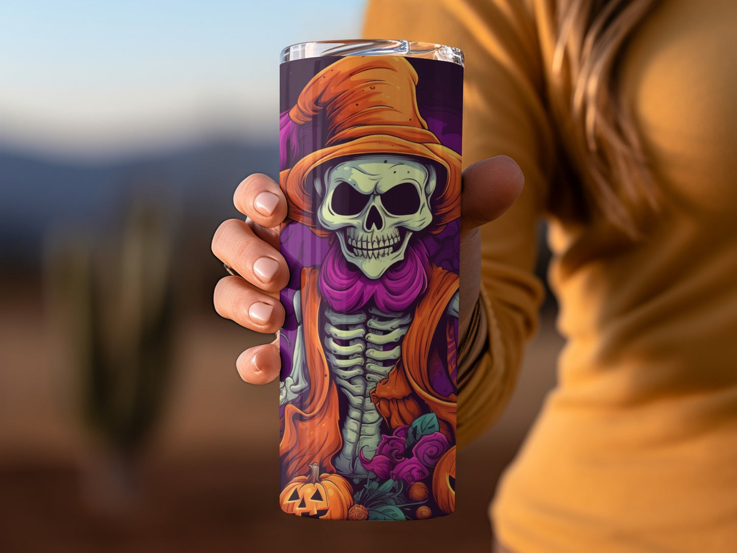 Spooky Skeleton with Pumpkin Design Tumbler Cup Product