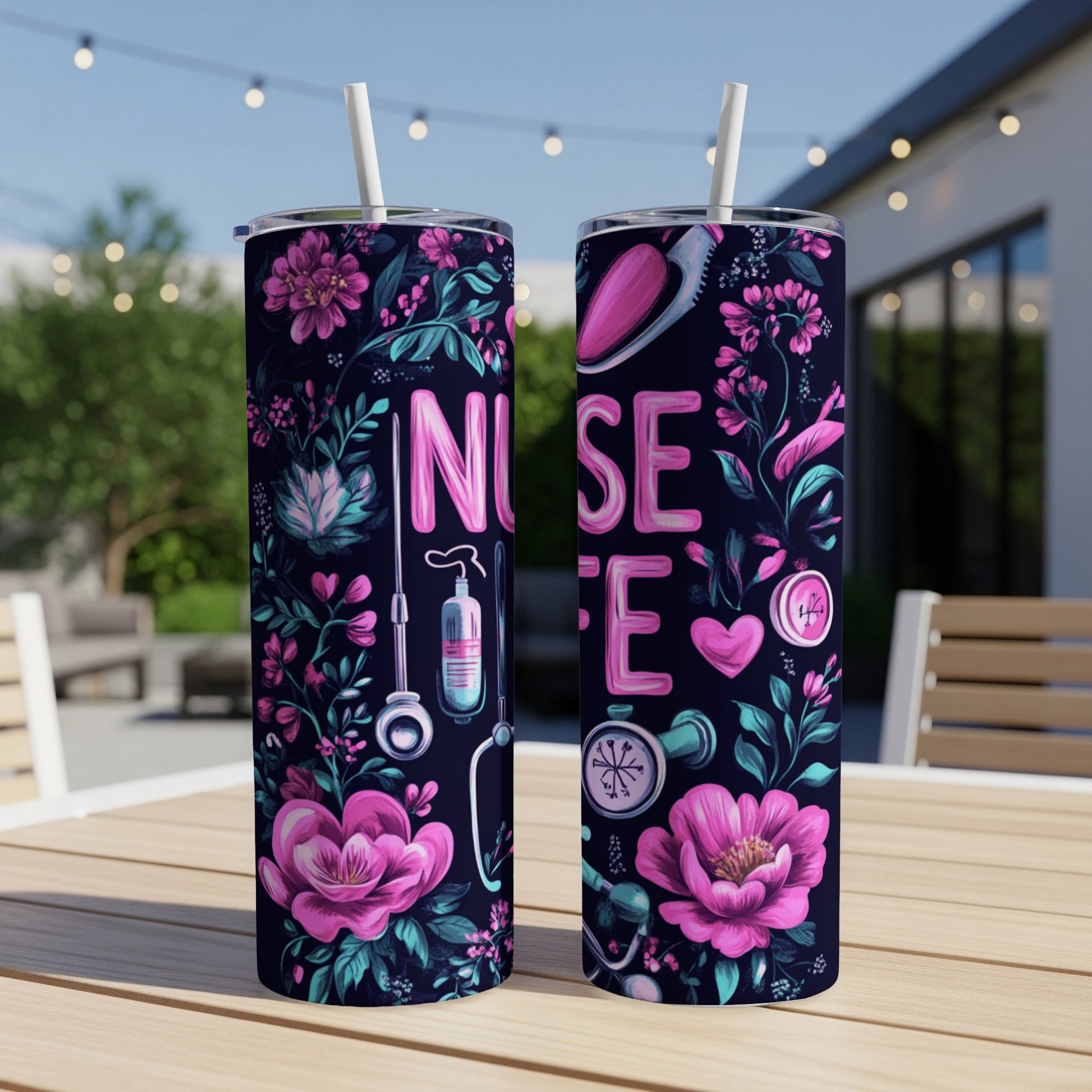 Tumbler with "Nurse Life" text and floral and medical illustration.